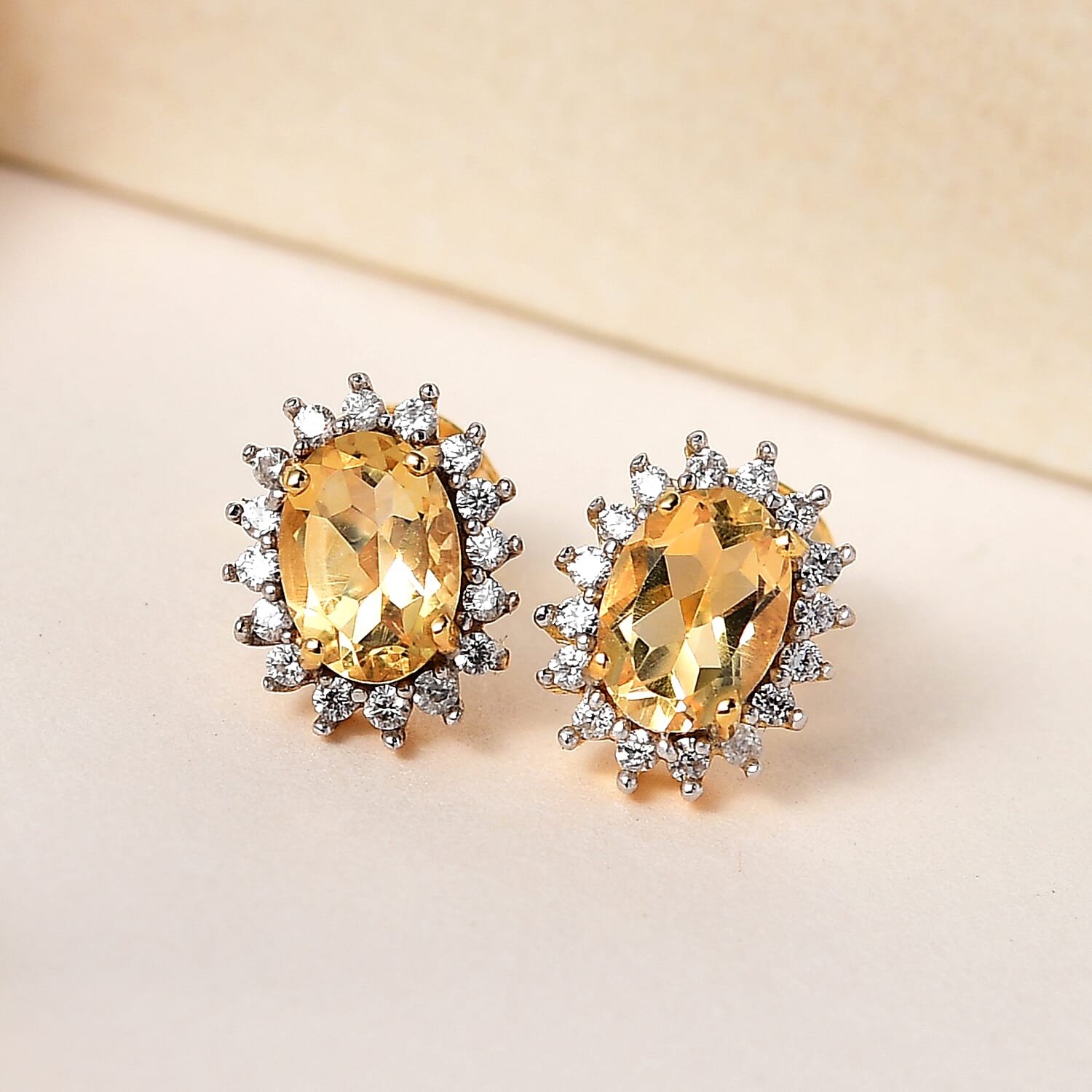 Citrine & Natural Cambodian Zircon Stud Earrings with Push Back in 18K Vermeil Yellow Gold Plated Sterling Silver 1.90 Ct.